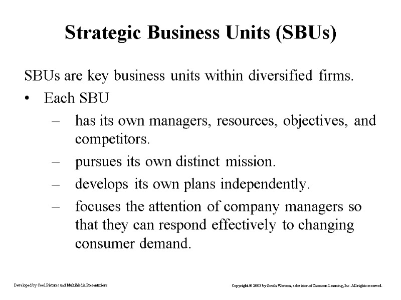 Strategic Business Units (SBUs) SBUs are key business units within diversified firms.  Each
